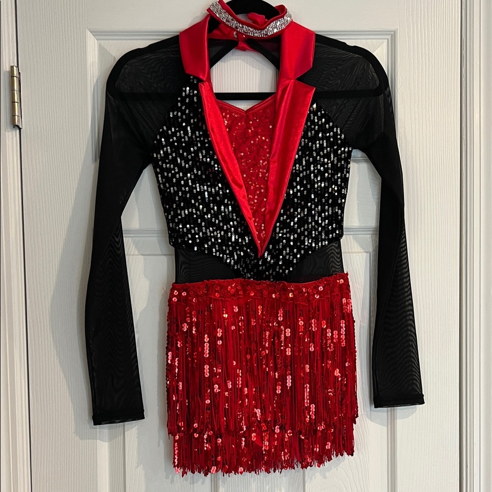 Weissman Lapel Fringe Dress Jazz Dance Costume in red and black. Like new. Small